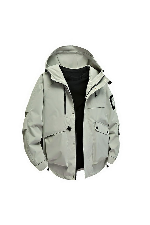 Heavy-Duty Waterproof Work Jacket Hooded Rugged Raincoat with Multiple Utility Pockets for All-Weather Outdoor Construction and High-Visibility Work Commute Gray L
