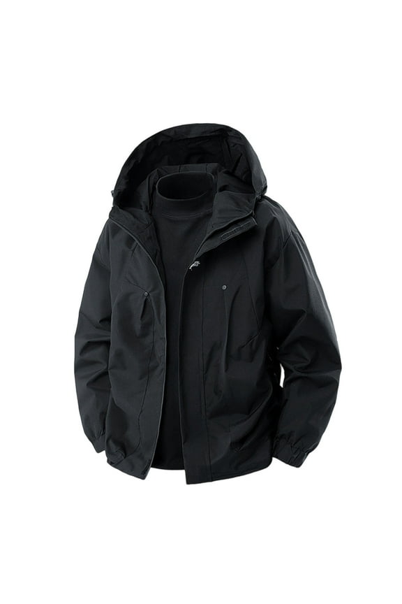 Heavy-Duty Waterproof Work Jacket Hooded Rugged Raincoat with Multiple Utility Pockets for All-Weather Outdoor Construction and High-Visibility Work Commute Black M