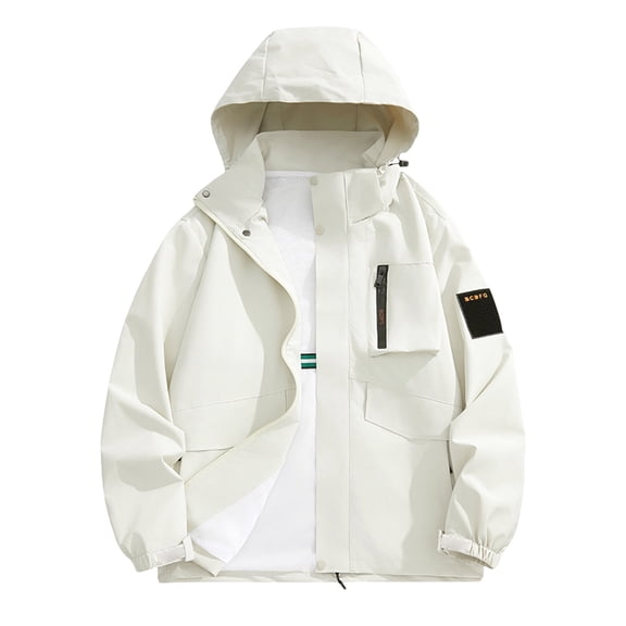 Zpanxa Heavy-Duty Waterproof Work Jacket Windproof Hooded Long Sleeve High-Visibility Rain Gear for Outdoor Construction and All-Weather Work Commute White XXL