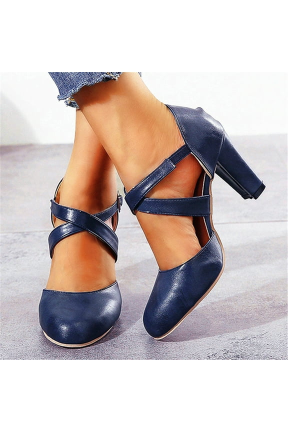 High Heels Shoes Women's Solid Color Buckle Round Toe Low Cut Chunky Heel High Heeled Shoes Shoes for Women Blue 40