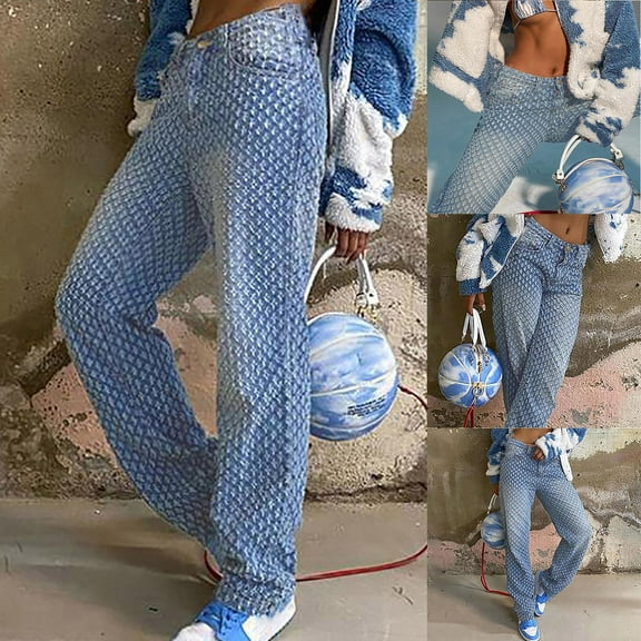 Zpanxa High Waisted Jeans for Women Casual Hole Jeans Long Denim Bottom Solid Mopping Trousers Straight Long Pants Trousers Work Cargo Casual Pants Wide Leg Pants Blue M