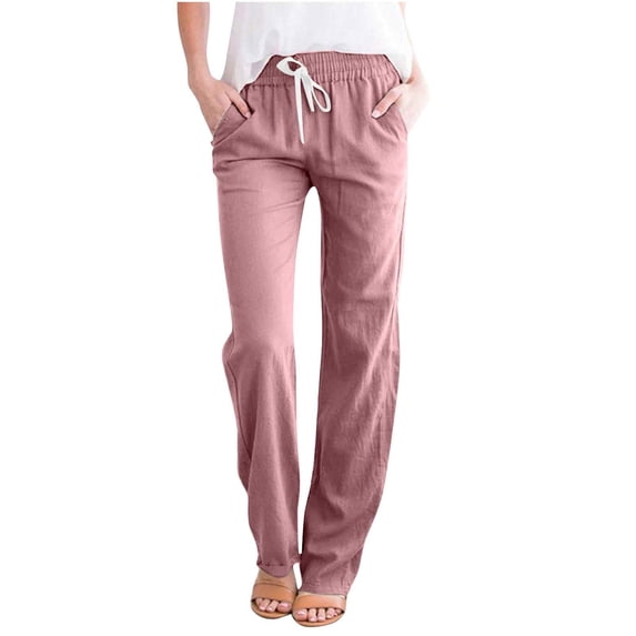 Zpanxa High Waisted Pants for Women, Women's Casual Wide Leg Pants Solid Elastic Waist Loose Long Pants with Pocket Pink A M