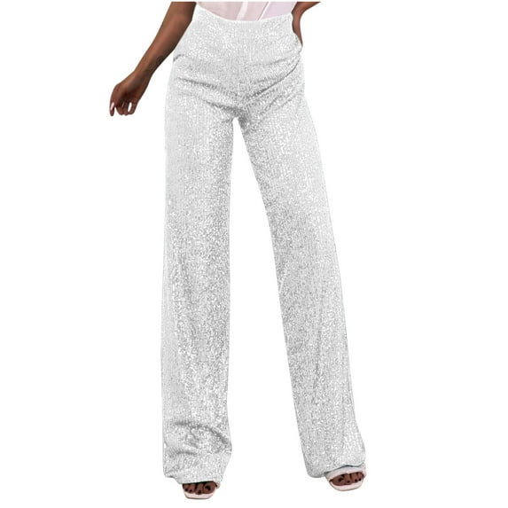 Zpanxa High Waisted Sequin Pants Straight Leg Versatile Sparkle Trousers for Women Comfort Fit for Parties and Special Events White L