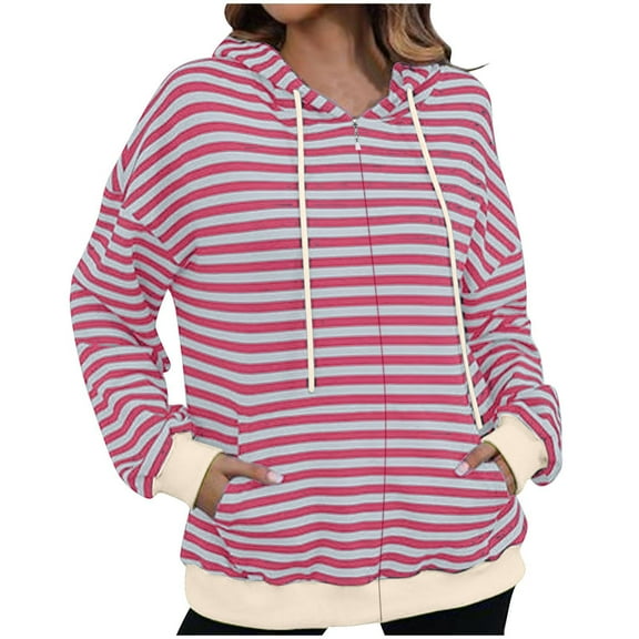 Zpanxa Hoodies for Women Striped Printed Long Sleeve Zippered Hooded Casual Jacket Watermelon Red M