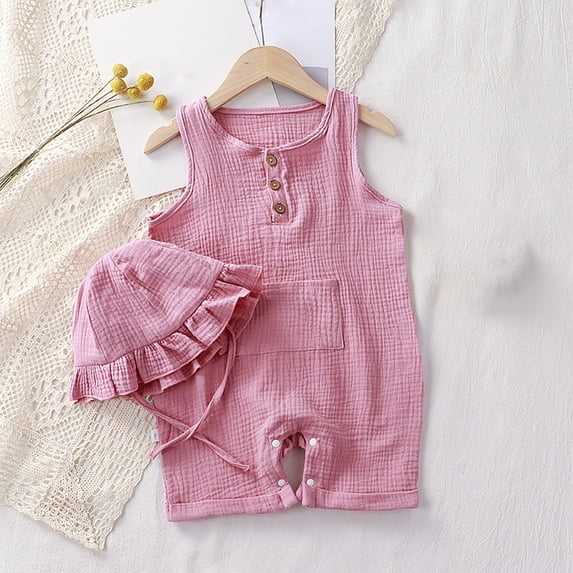 Zpanxa Infant Girl Strap Romper Suspender Jumpsuit Outfit Set 2 Piece Summer Clothes with Ruffle Hat Soft Breathable Vest Bodysuit Solid Color