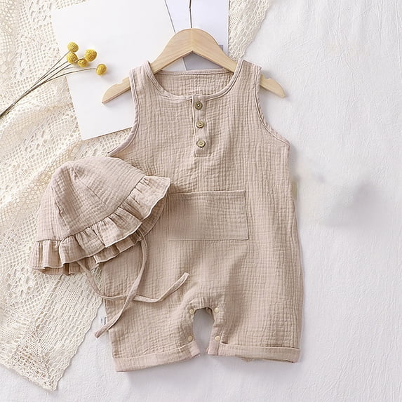 Zpanxa Infant Girl Strap Romper Suspender Jumpsuit Outfit Set 2 Piece Summer Clothes with Ruffle Hat Soft Breathable Vest Bodysuit Solid Color