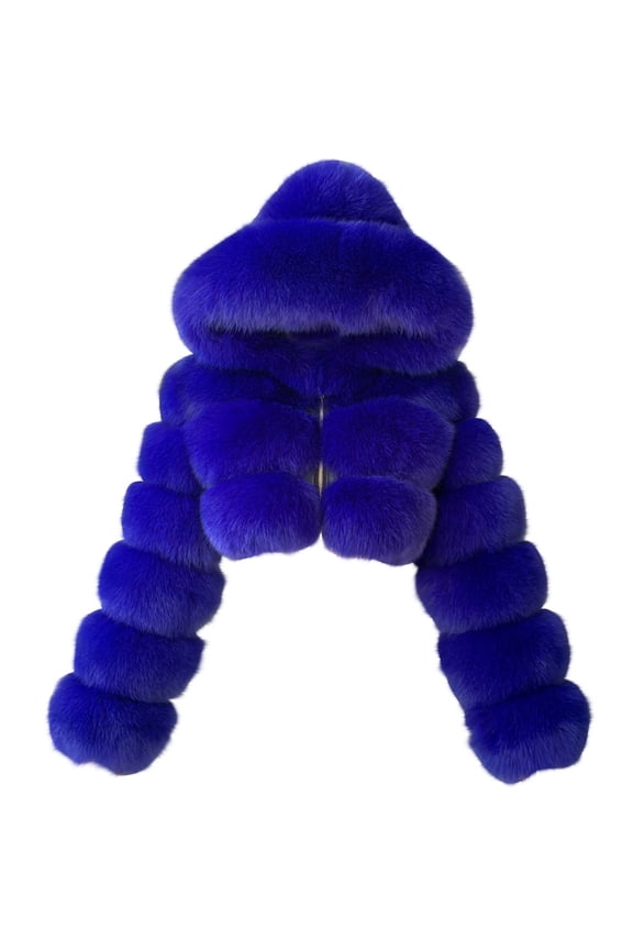 Jacket for Women Short Faux Hooded Warm Furry Splicing Jacket Thicken Confy Coat Light Long Sleeve Outerwear Blue L