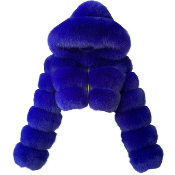Zpanxa Jacket for Women Short Faux Hooded Warm Furry Splicing Jacket Thicken Confy Coat Light Long Sleeve Outerwear Blue XXL