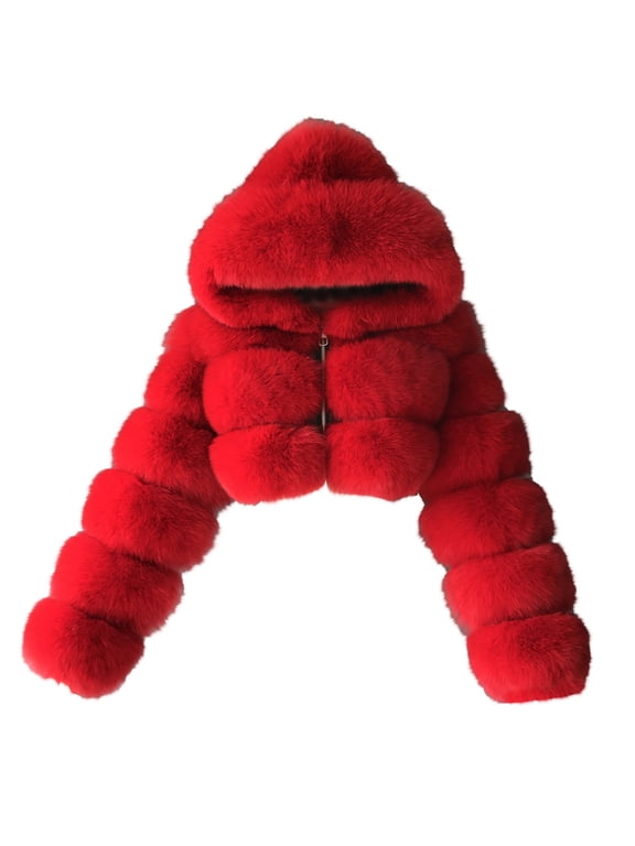 Jacket for Women Short Faux Hooded Warm Furry Splicing Jacket Thicken Confy Coat Light Long Sleeve Outerwear Red XXL