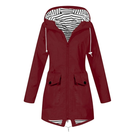 Zpanxa Jackets for Women Solid Color Rain Jacket Outdoor Hooded Windproof Loose Coat with Pocket Waterproof Ski Jacket Warm Winter Snow Coat Wine 3XL