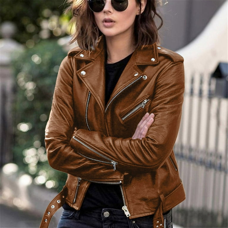 Zpanxa Jackets for Women Women Cool Faux Leather Jacket Long Sleeve Zipper  Fitted Coat Fall Short Jacket Brown 4XL