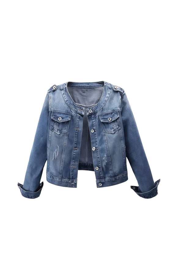 Jean Jacket Women Collarless Short Button Down Washed Casual Coat with Pockets Blue 5XL