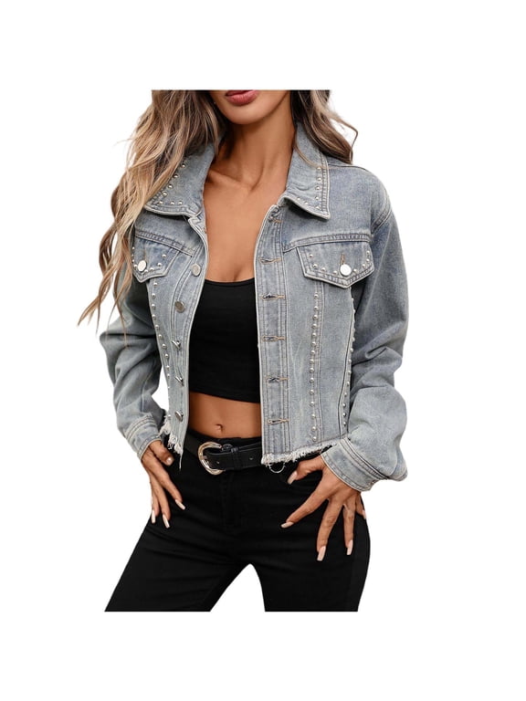 Jean Jacket Women Cropped Studded Collared Button Down Casual Denim Coat with Pockets Blue S