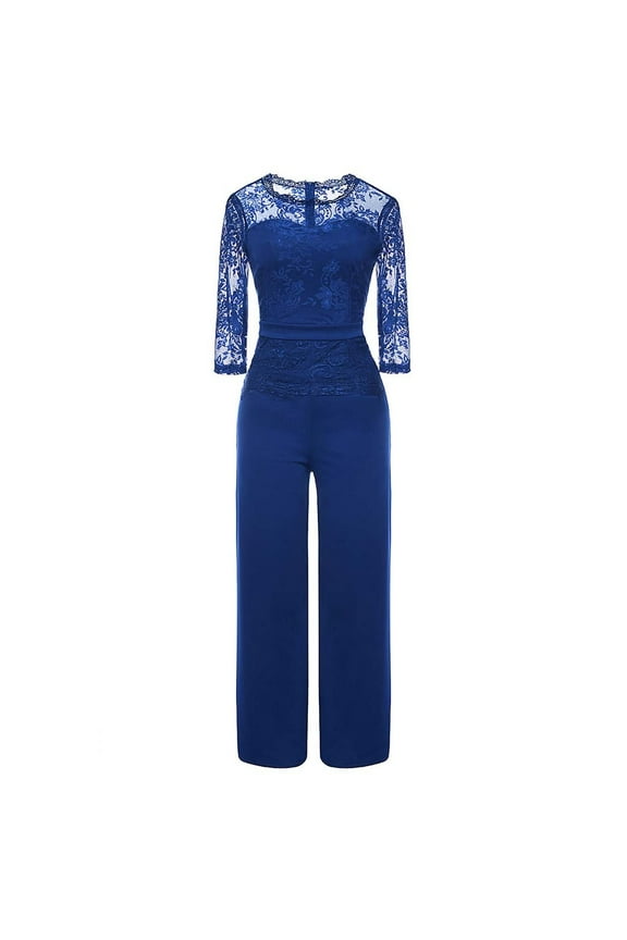 Jumpsuit for Women Clearance Three Quarter Sleeve Elegant Party Evening Casual Lace Jumpsuit High Waisted Wide Leg Pants Blue M