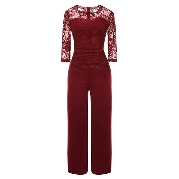 Zpanxa Jumpsuit for Women Clearance Three Quarter Sleeve Elegant Party Evening Casual Lace Jumpsuit High Waisted Wide Leg Pants Red M