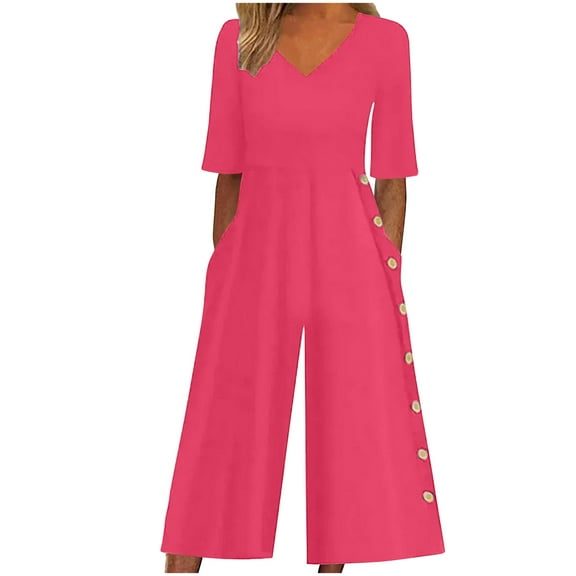 Zpanxa Jumpsuits for Women Casual Summer Fashionable and Comfortable Solid Color Short Sleeved V-neck Jumpsuit Hot Pink XXL