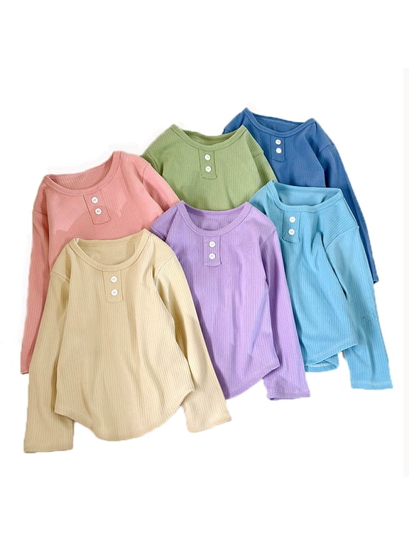 Kids Ribbed Knit Henley Neck Long Sleeve T Shirts Cotton Basic Layering Top Unisex