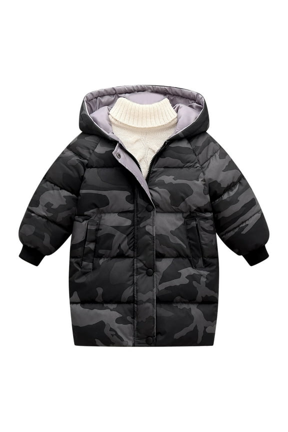 Kids Camo Jacket with Hood, Thickened Quilted Zip and Button Front Winter Coat with Pockets, Warm Military Print Outdoor Parka for Boys Girls Ages 1 to 8