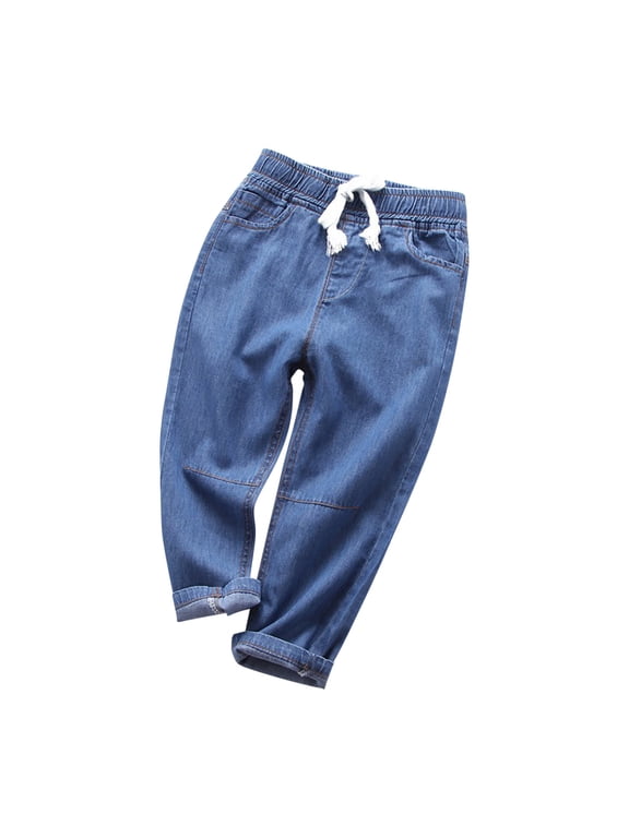 Kids Drawstring Jogger Jeans Cropped Denim Pants Casual Sporty Style Jeans for Boys Dark Blue 4 Years