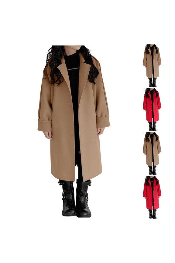 Kids Drop Shoulder Solid Long Wool Wind Coat Girls Spring Fall Water Resistant JacketRed 3 Years