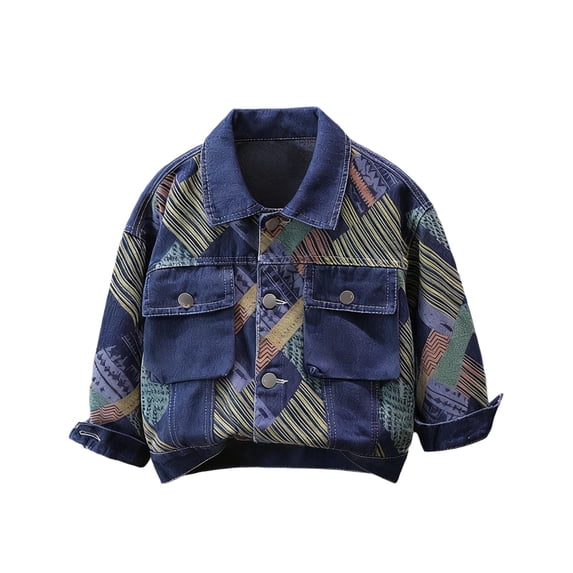 Zpanxa Kids Ethnic Geometric Patchwork Denim Jacket Boys Color Block Lapel Casual OuterwearBlue 4-5 Years