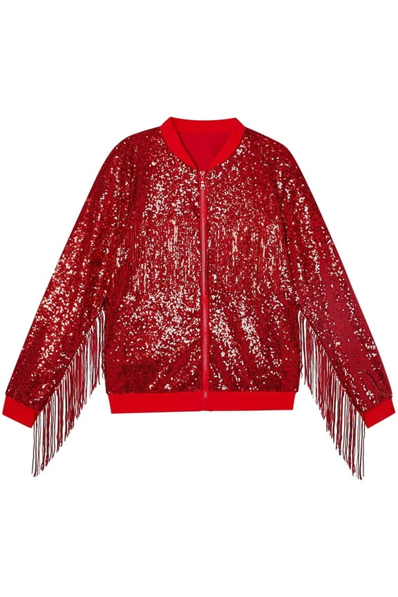 Kids Fringe Sequin Jacket Bohemian Style Zip Front Long Sleeve Sparkle Party Wear Casual Coat No Hood Outerwear for Boys Girls Ages 3 to 10