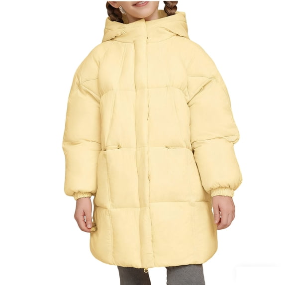 Zpanxa Kids Hooded Horizontal Quilted Long Puffer Coat Girls Windproof Warm Winter Snow JacketYellow 11-12 Years