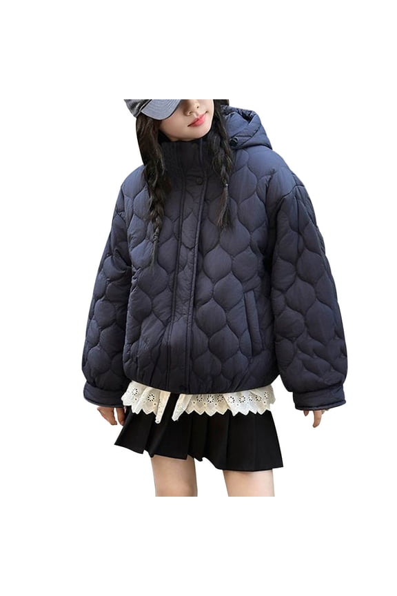 Kids Hooded Lightweight Quilted Jacket Girls Wave Stitch Short Padded Winter CoatNavy 5-6 Years