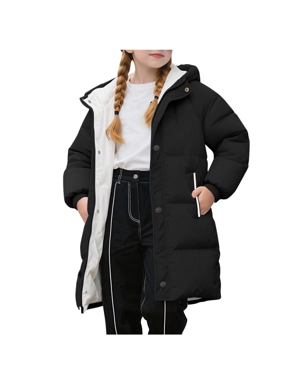 Kids Mid Length Puffer Jacket Solid Color Hooded Thickened Quilted Winter Coat with Pockets Warm Casual Outerwear for Boys Girls Ages 2 to 11
