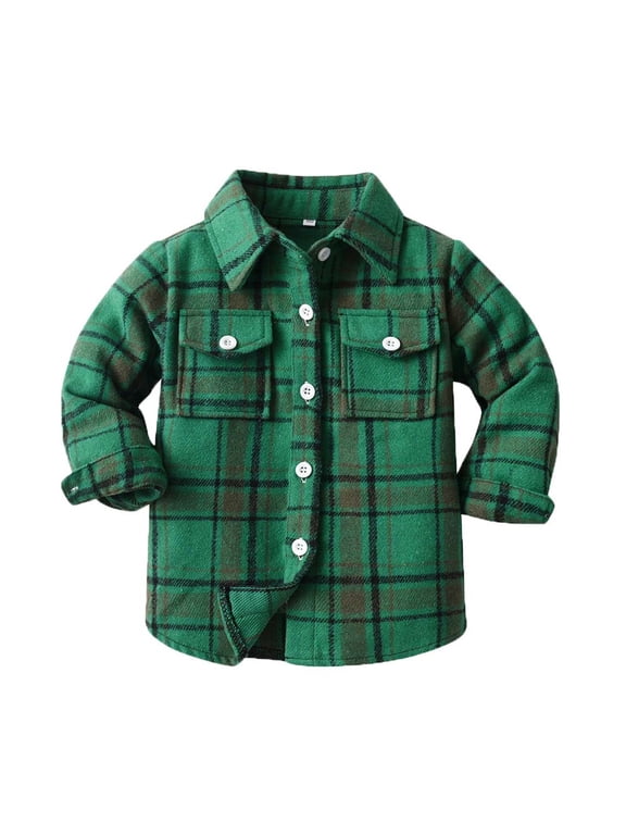 Kids Plaid Brushed Flannel Jacket Single Breasted Button Front Notch Lapel Long Sleeve Cardigan Style Casual Outerwear for Fall Winter Ages 2 to 8