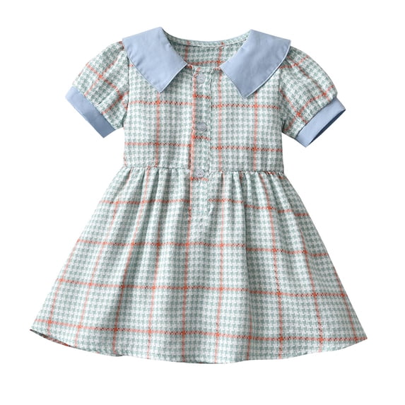 Zpanxa Kids Plaid Print Puff Sleeve Dress, Girls Peter Pan Collar A-Line Sundress with Button Front for Daily Wear Mint Green 7 Years