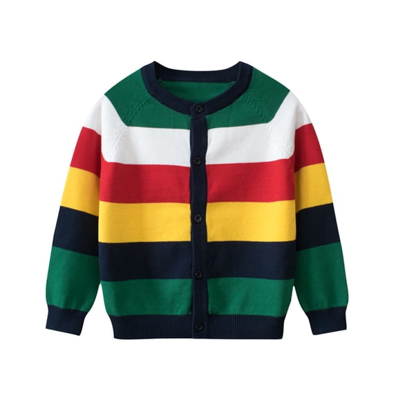 Zpanxa Kids Rainbow Block Stripe Round Neck Knit Cardigan Button Down Sweater Unisex Toddler Green 2-3 Years