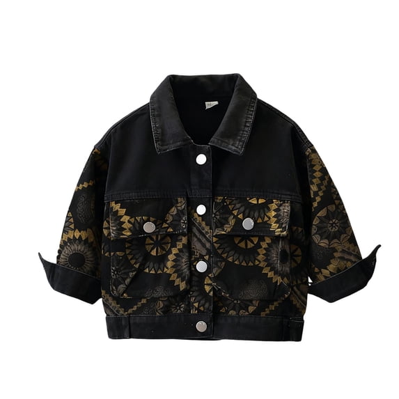 Zpanxa Kids Retro Floral Print Spliced Denim Jacket Boys Lapel Button Down Casual Short CoatBlack 5-6 Years