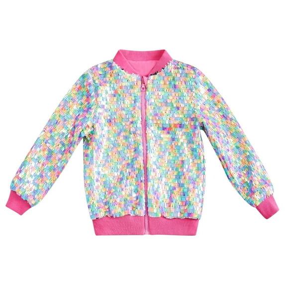 Zpanxa Kids Sequin Sparkle Jacket Solid Color Glitter Zip Front Long Sleeve Party Wear Casual Coat No Hood Outerwear for Boys Girls Ages 2 to 12