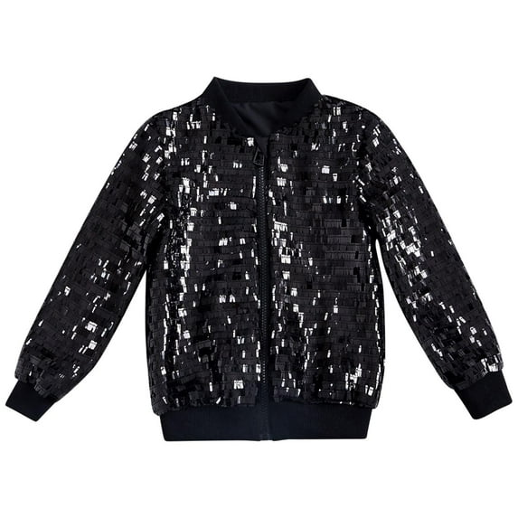 Zpanxa Kids Sequin Sparkle Jacket Solid Color Glitter Zip Front Long Sleeve Party Wear Casual Coat No Hood Outerwear for Boys Girls Ages 2 to 12