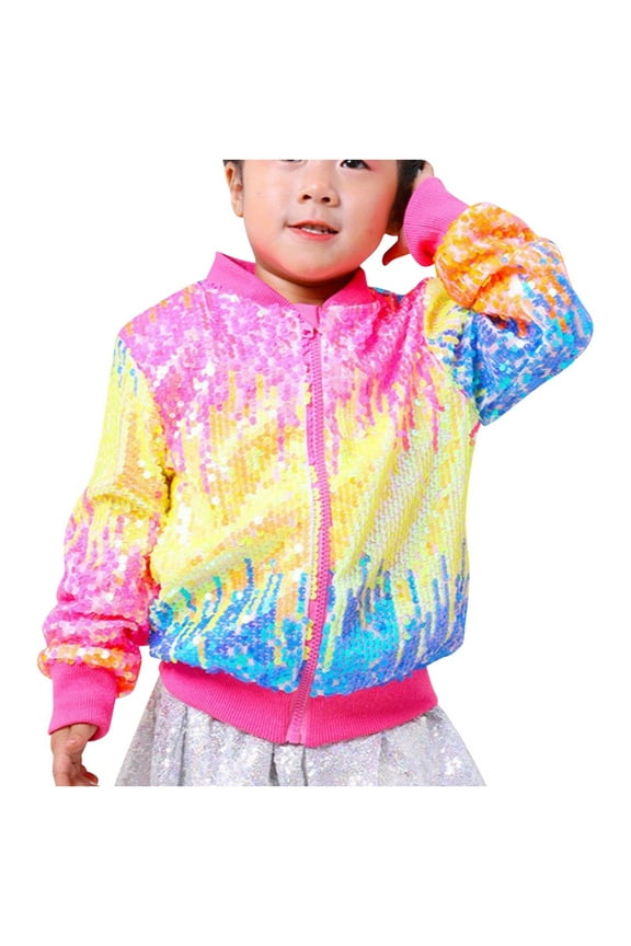 Kids Sparkle Sequin Jacket Colorful Glitter Zip Front Long Sleeve Party Wear Casual Coat No Hood Outerwear for Boys Girls Ages 3 to 10