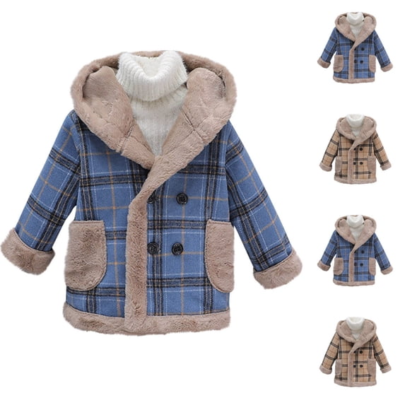 Zpanxa Kids Wool Blend Trench Coat 4-12 Years Mid Length Plaid Jacket Fleece Lined Thermal Winter Overcoat for Boys Girls