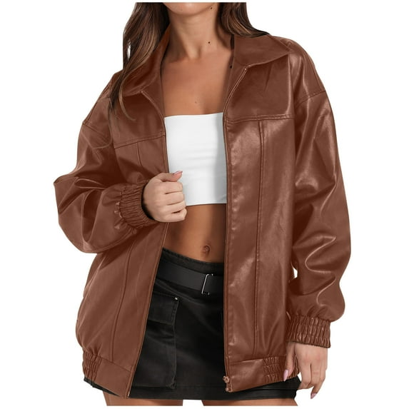 Zpanxa Leather Jacket Women Winter Coats Solid Color Flip Collar Long Sleeve Tops Fashion Zipper Motorcycle Jacket Outwear with Pockets Brown M