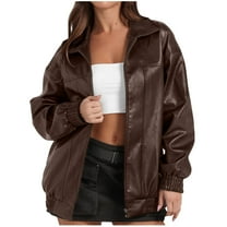 Zpanxa Leather Jacket Women Winter Coats Solid Color Flip Collar Long Sleeve Tops Fashion Zipper Motorcycle Jacket Outwear with Pockets Coffee M