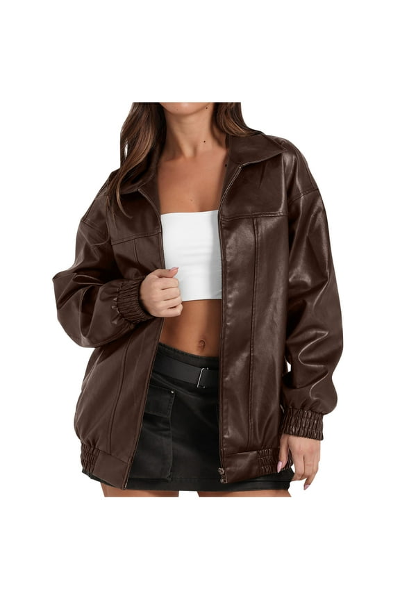 Leather Jacket Women Winter Coats Solid Color Flip Collar Long Sleeve Tops Fashion Zipper Motorcycle Jacket Outwear with Pockets Coffee XXL