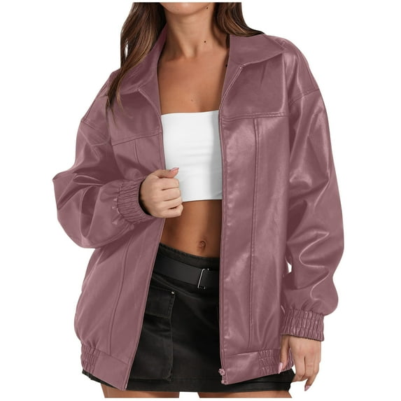 Zpanxa Leather Jacket Women Winter Coats Solid Color Flip Collar Long Sleeve Tops Fashion Zipper Motorcycle Jacket Outwear with Pockets Pink M