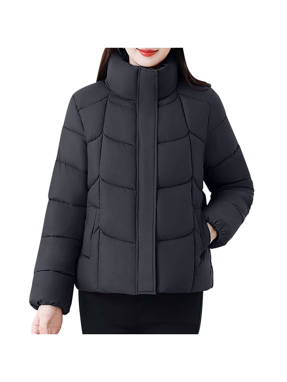Lightweight Hoodless Padded Jacket for Women Casual Solid Color Long Sleeve Warm Winter Outerwear with Pockets