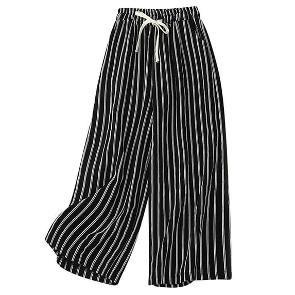 Zpanxa Linen Pants Women Casual High Waist Wide Leg Pants Summer Floral Solid Long Palazzo Pants Lounge Beach Trousers with Pocket Black L