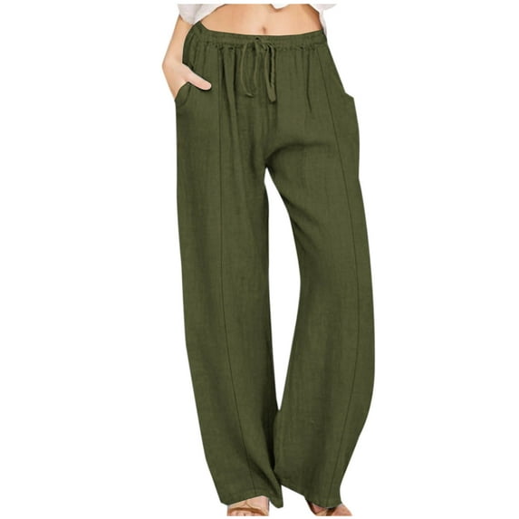 Zpanxa Linen Pants for Women Casual High Waisted Wide Leg Pants Loose Lounge Pants Solid Color Elastic Waist Home Trousers Pants with Pockets Army Green 3XL