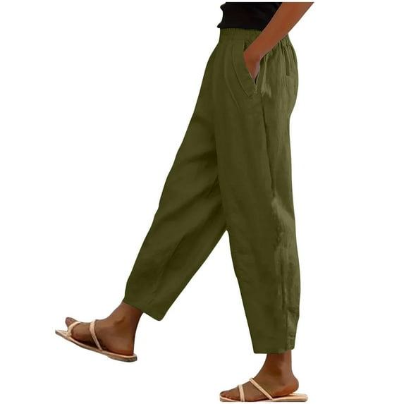Zpanxa Linen Pants Women Elastic Waist Summer Solid Casual with Pockets Outing Full Length Pants Army Green B XL
