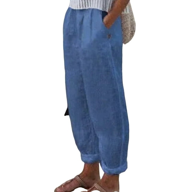 Zpanxa Linen Pants Women Solid Color Loose Wide Leg High Waisted Pants, Temperament Cotton Linen Straight Casual Pants with Pocket, Palazzo Pants for Women Blue XXL