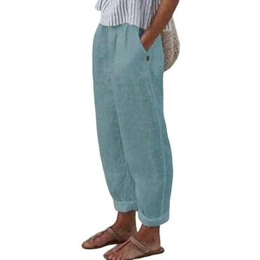 Zpanxa Linen Pants Women Solid Color Loose Wide Leg High Waisted Pants, Temperament Cotton Linen Straight Casual Pants with Pocket, Palazzo Pants for Women Light Blue XXL