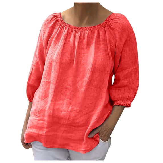 Zpanxa Linen Shirts for Women Short Sleeve Round Neck Solid Color Pullover Tee Versatile Loose Fit Casual Blouse