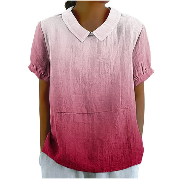 Zpanxa Linen Top for Women Short Sleeve Solid Color Summer Blouse with Detachable Peter Pan Collar Loose Fit Versatile Shirt