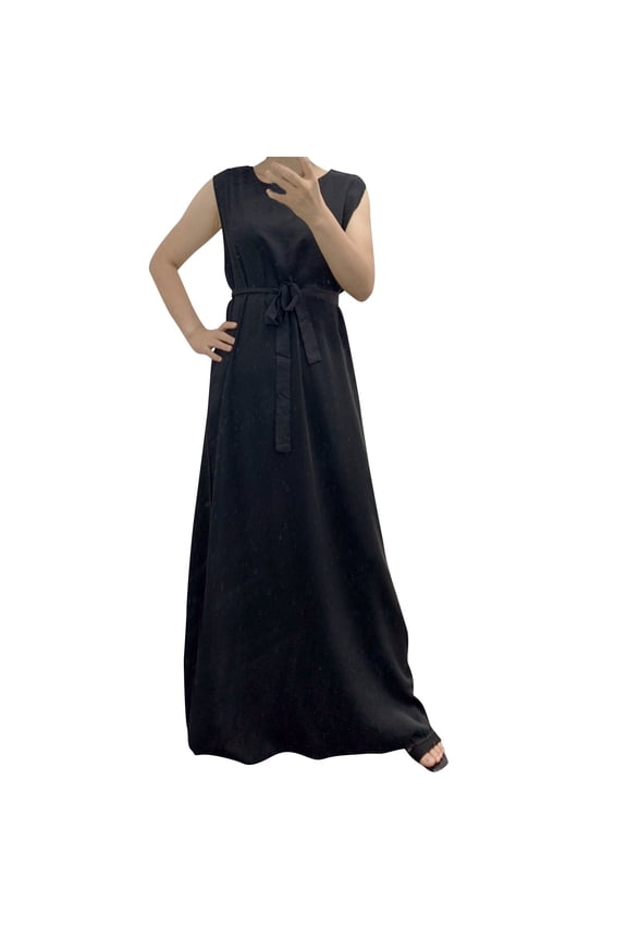 Long Sleeve Belted Dress Women Modest Abaya Kaftan Loose Fit Sleeveless Inner Lining Arabian